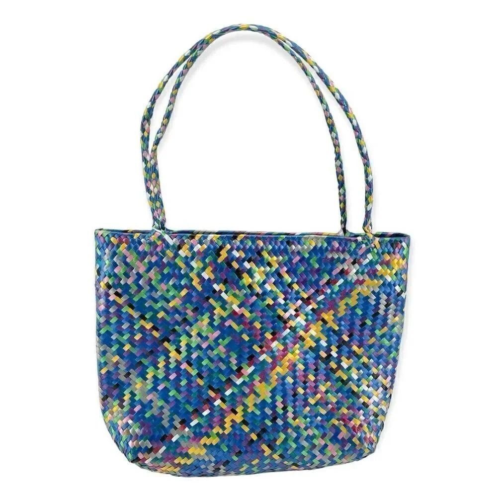 Women’s Handmade Colorful Double Handle Medium Straw Tote Bag